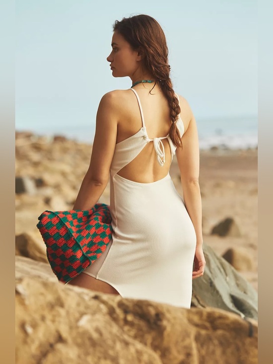 NWT L*Space Renata Ribbed Bodycon Midi Dress Cream Open Back Slit Size Medium - Picture 7 of 10